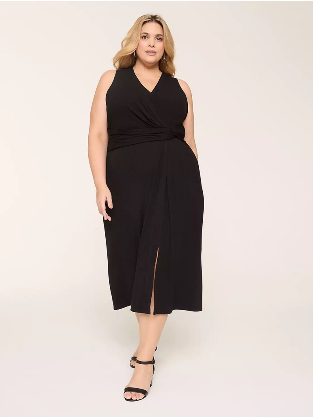 Lane Bryant Black Sleeveless Faux-Wrap Midi Dress with Draped Waist